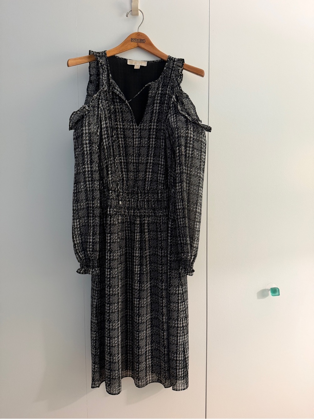 Michael Kors Black & Gray Plaid Cold-Shoulder Midi Dress